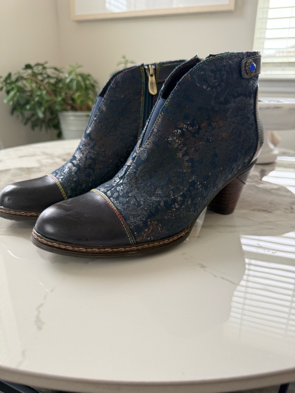 Floral Embossed Navy Ankle Booties with Dark Toe